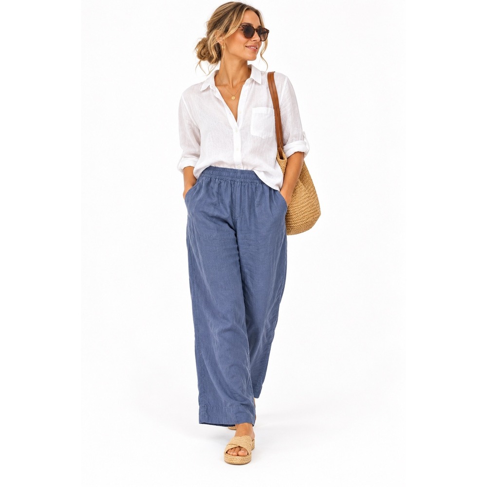 Pure Jill J. Jill Blue 100% Linen Wide Leg Cropped Pants Size S Elastic Waist